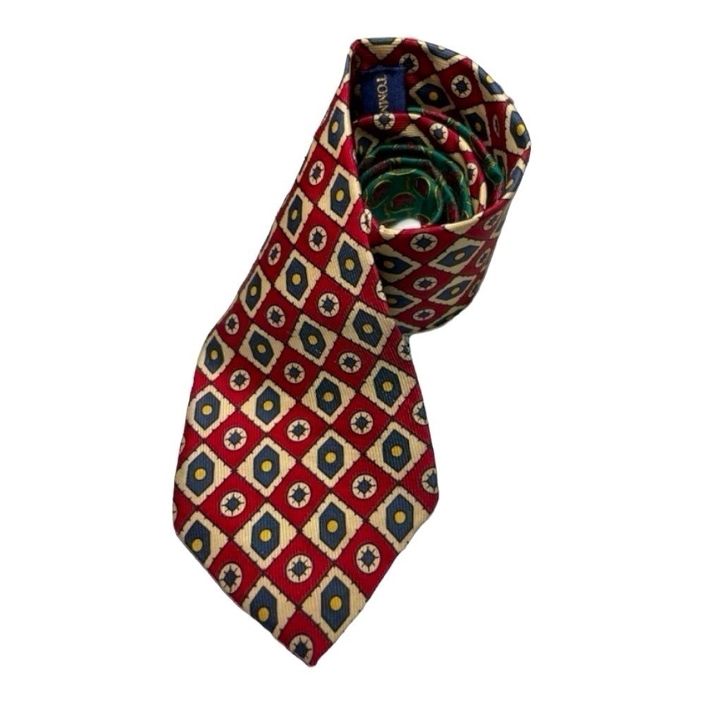 Tommy Hilfiger Mens Neck Tie Silk Yellow Blue Red Geometric Classic Made In USA